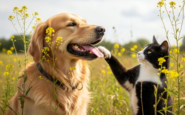 Dog and Cat in Field