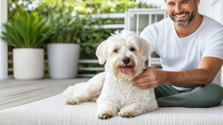 man gently petting his happy dog on sunny porch, enjoying quality time together