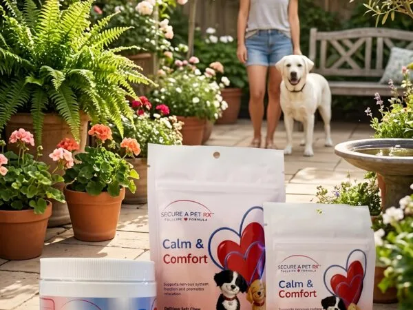 Calm & Protect Product Line on Patio with woman & dog Calm & Comfort™ Calming & Stress Support