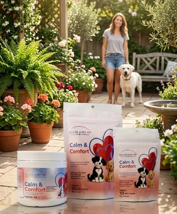 Calm & Protect Product Line on Patio with woman & dog Calm & Comfort™ Calming & Stress Support