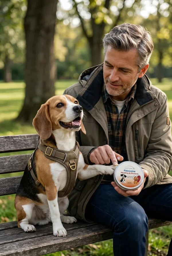 Pawsome with Beagle and Man in Park Pawsome Healing & Protect™ Paw-Nose-Skin Support
