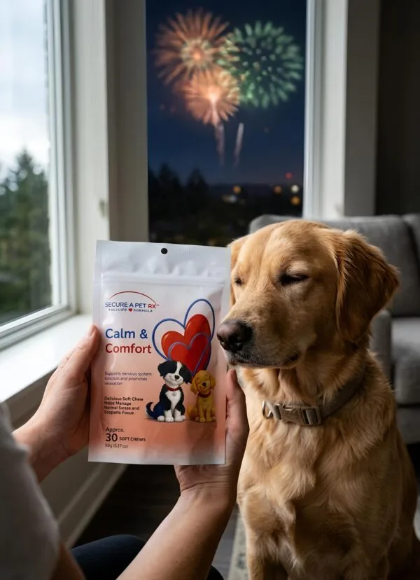 Calm & Comfort 30ct front with dog Calm & Comfort™ Calming & Stress Support