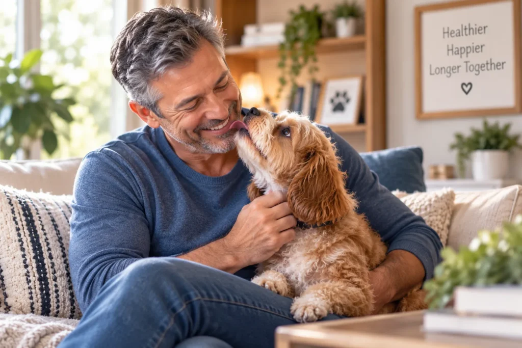 Happy pet owner spending time with his small dog at home