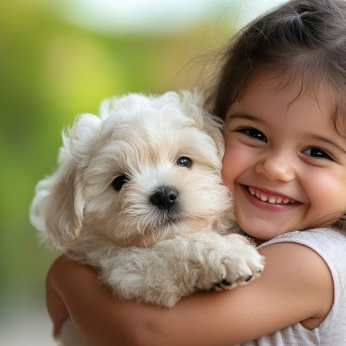 A child hugs a puppy.  Joyful moment